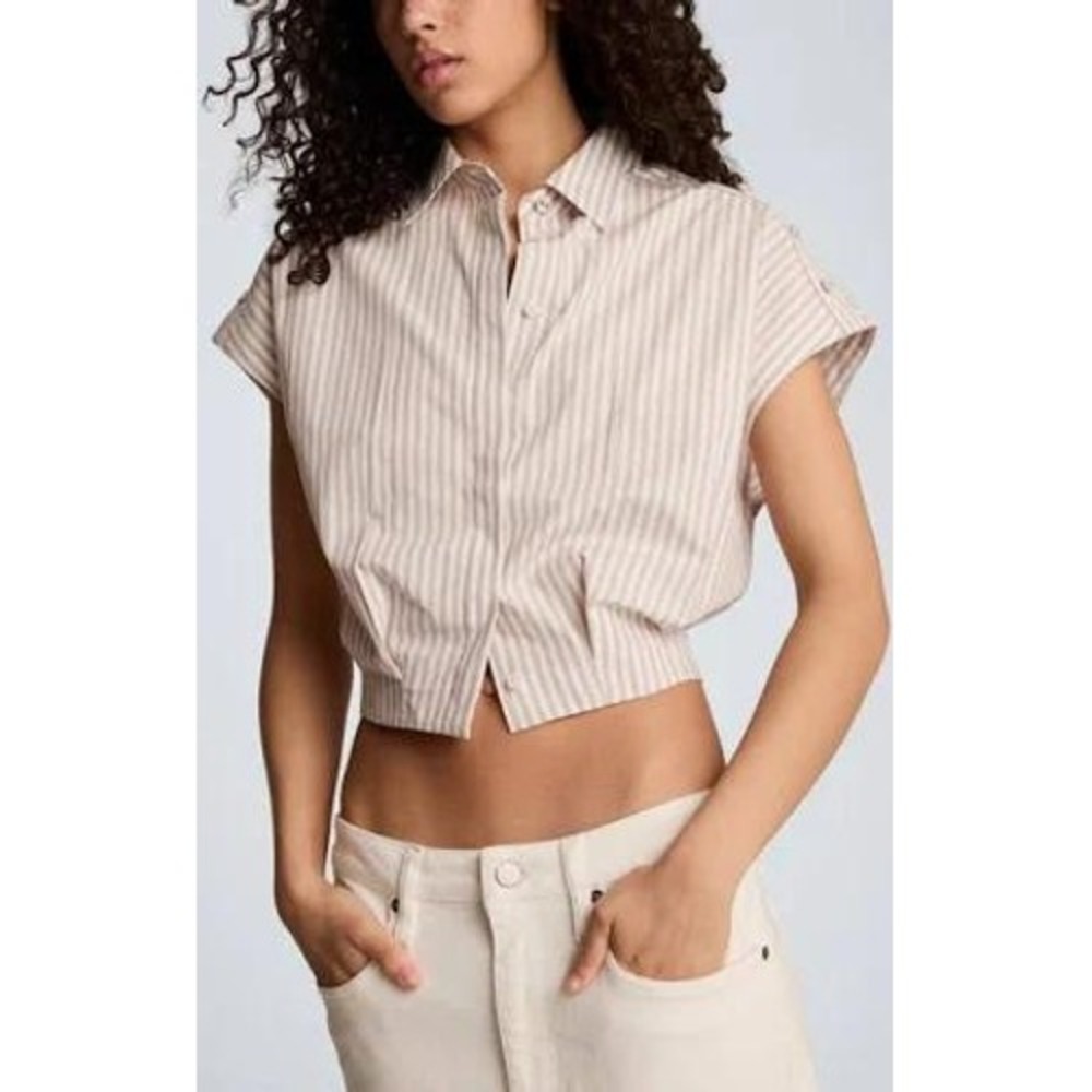 Kenneth Cole Reaction Stripe Crop Button-Up Shirt  Boxy Womens XL Cropped